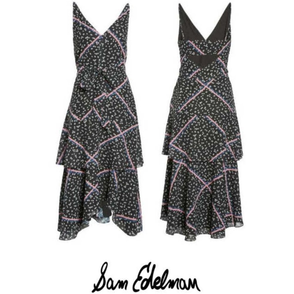 Sam Edelman Floral Printed Ribbon Tie Waist Tiered Dress, 14 Black Pink Blue